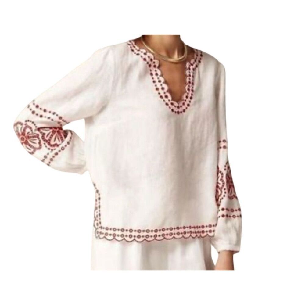 J.Crew Women's White Embroidered 100% Linen V-Neck Boxy Blouse S Chic Vacation - Picture 1 of 14